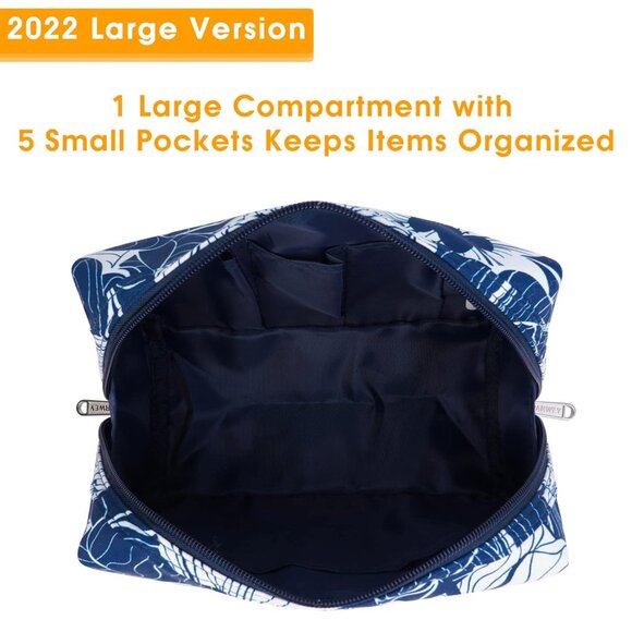 Women Blue Lotus Large Makeup Bag Zipper Pouch Travel Cosmetic Organizer - Picture 3 of 6